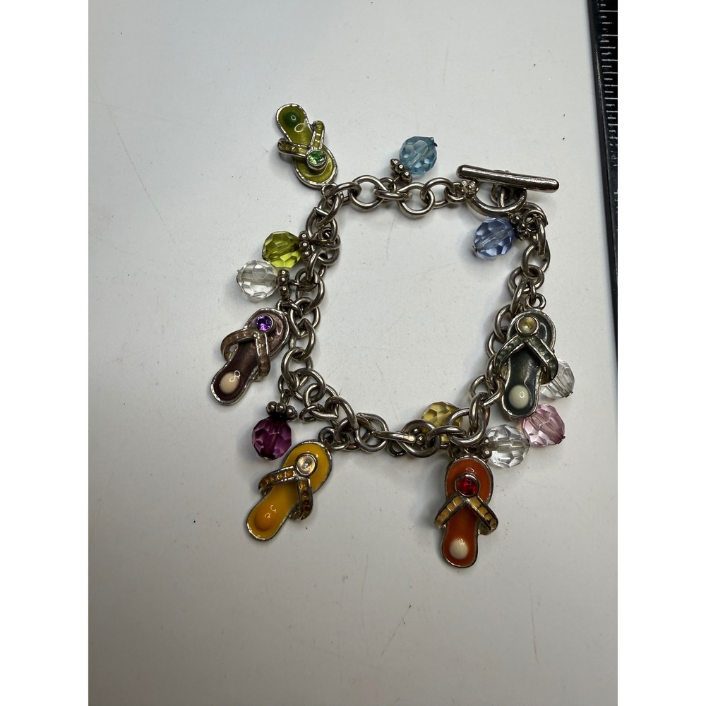 Silver Tone Flip Flop Charm Bracelet Enamel Sandal Bead Toggle Clasp 7.5"